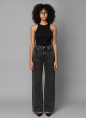 Women's Charcoal Grey High-Rise Wide Leg Denim Jeans